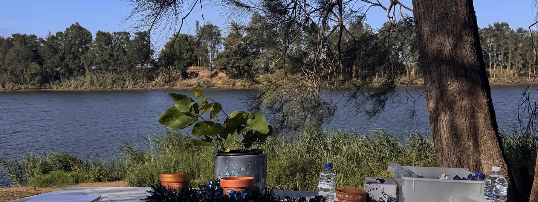 A Lifeline table set with plants beside the river, ready for a memorial service