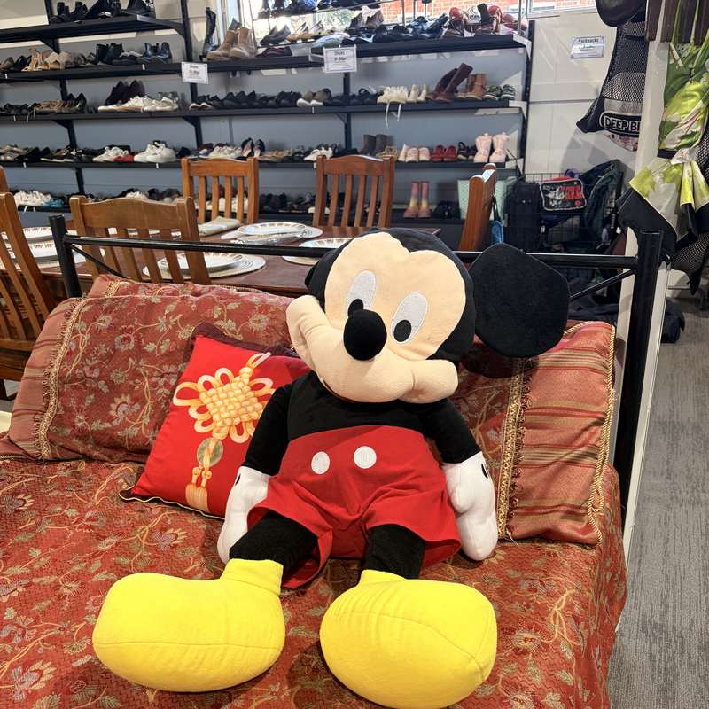 Donated cushions and a large soft toy staged on a bedspread in a Lifeline shop, with shelves of shoes behind